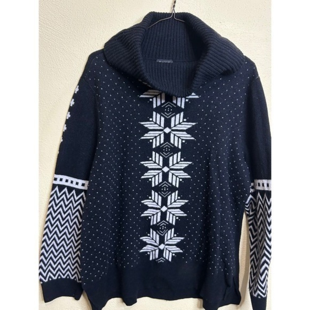 Talbots Women XL Navy White Snowflake Fair Isle‎ Shawl Collar Sweater